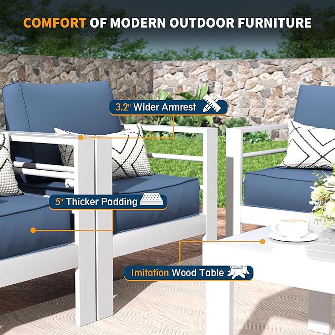 UDPATIO 10 Piece Aluminum Patio Furniture Set, Oversized Modern Outdoor Furniture Set with Olefin Fabric Cushion for Patio Deck Backyard, White/Navy(with Waterproof Covers)
