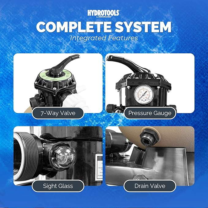 SWIMLINE HYDROTOOLS 22 Inch Pool Sand Filter Pump For Above Ground & Inground Pool | Complete System 1.5 HP (1.2 THP) Horsepower 4980 GPH Pumps | For Pools Up To 21000 Gallons | 7 Way Valve 72220