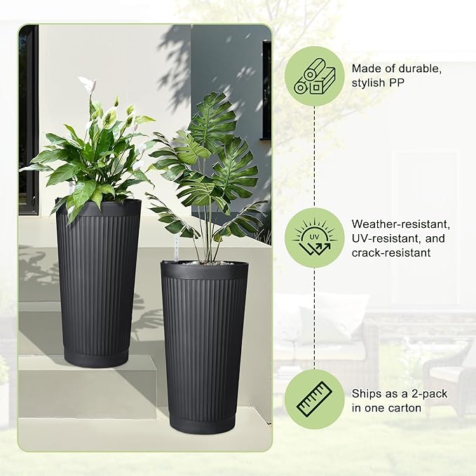 24" Tall Self Watering Planters for Indoor Plants, 2 Pack Large Plastic Outdoor Planter Pots with Built-In Water Reservoir and Level Indicator, Decorative Modern Flower Pots for Home & Patio (Black)