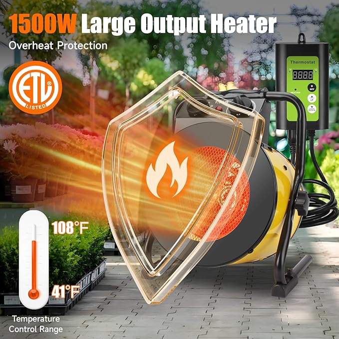 Greenhouse Heater with Thermostat, 1500W Outdoor Heaters for Patio, Fast Heating, Overheat Protection, Electric Space Heaters for Greenhouse, Grow Tent, Patio, Garage, Indoor（Yellow）