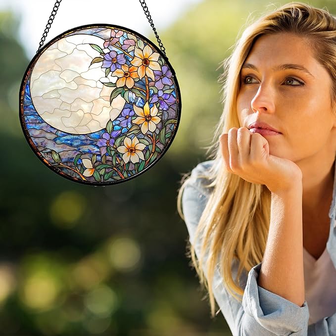 JOSUMALY Stained Glass Window Hanging - White Purple Moon Flowers Suncatcher for Door Terrace Garden Home Decor Landscape Sun Catcher Birthday Gifts for Lovers Women Men Dad Mom Nana 11.8 in