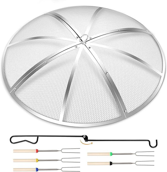Fire Pit Spark Screen 27 Inch Round, Heavy Duty Stainless Steel Outdoor Fire Pit Screen Cover with Foldable Hook & Fire Safety Gloves, Mesh Spark Protector for Backyard, Camping, Beach