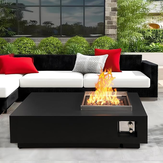 2-Piece 48" Outdoor Propane Fire Pit Table Set W 16" Tank Cover Side Table, 50,000 BTU Rectangle Fire Pit Coffee Table, Lava Rocks, Wind Guard, Rain Cover for Patio, Backyard, Garden, Deck