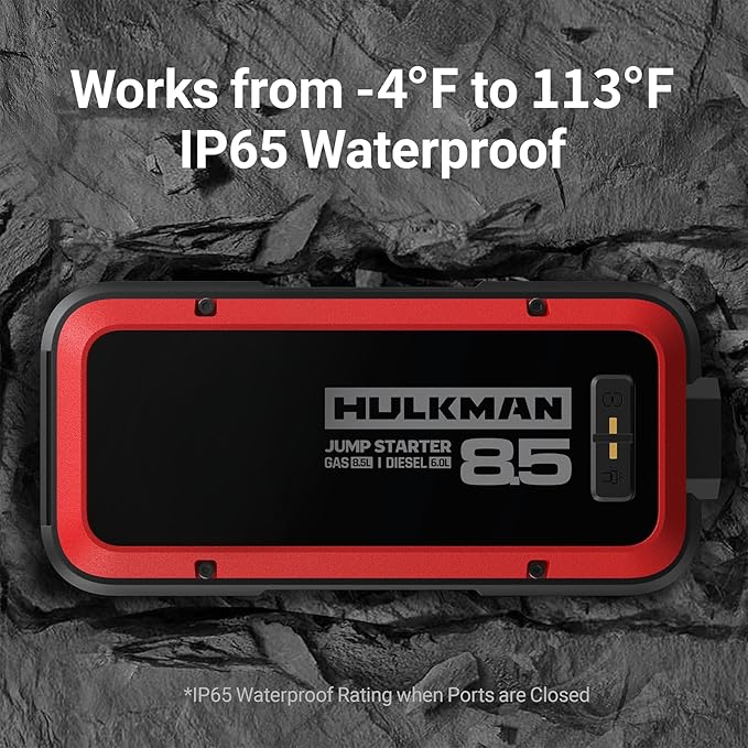 Hulkman Alpha85,Carmine Red,2000A 74Wh Car Jump Starter, Includes 65W Quick Charger,12V Portable Car Battery Jump Starter,Backup Power Bank,LED Display,Jumper Cables for up to 8.5L Gas/6.0L Diesel