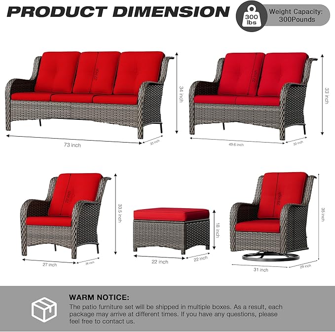 Joyside 5 Piece Outdoor Patio Furniture Set Wicker Conversation Bistro Set Swivel Rocking Chairs with Side Table and Ottomans for Backyard, Porch, Deck(Mixed Grey/Red)