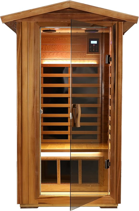 LTCCDSS Outdoor Red Cedar Sauna 1 Person, Low EMF Far Infrared Sauna for Home, Withstand Outdoor Temp -10℉-149℉| EMF Readings Below 0.5mG, 9 Low EMF Boards-Chromotherapy-Bluetooth Speaker