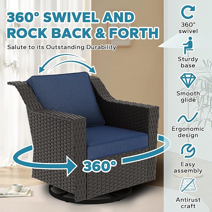 7 Pieces Outdoor Conversation Furniture Set - 77" Patio Sofa, 2 Armchairs, 2 Swivel Glider Chairs, 1 Side Table, 1 Metal Table, Wicker Couch with Washable Cushions for Porch (Navy Blue)