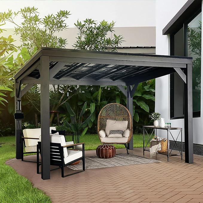 Backyard Discovery Stonebridge 12' x 9.5' Galvanized Steel Outdoor Gazebo Pavilion with Hardtop Slope Roof, Snow Load Support, Wind Resistance, PowerPort, Shade for Garden, Patio, Deck, Entertaining