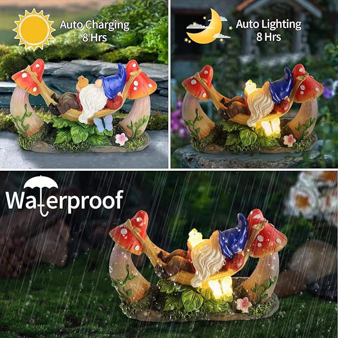 Sinhra Outdoor Garden Gnome Statue,Solar Gnomes Figurine Lying on Hammock with Bird and Mushrooms,Outdoor Garden Decoration for Patio Yard Lawn Porch,Gifts for Mom/Grandma/Women