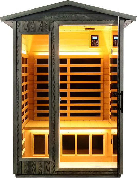 LTCCDSS Ultra-Low EMF Outdoor Sauna 2 Person, Carbonized Composite Wood Far Infrared Sauna for Home, EMF 0.1-1mG, 6 Carbon Crystal Heaters, Bluetooth & Chromotherapy (57.8 * 40.5 * 81.1 in)