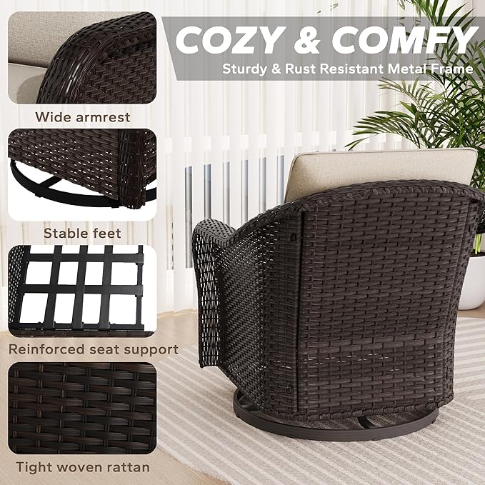 Outdoor Wicker 360 Degree Swivel Glider Rocker Chairs Set, Patio Conversation Furniture Set with Washable Cushions for Garden, Poolside (Beige)