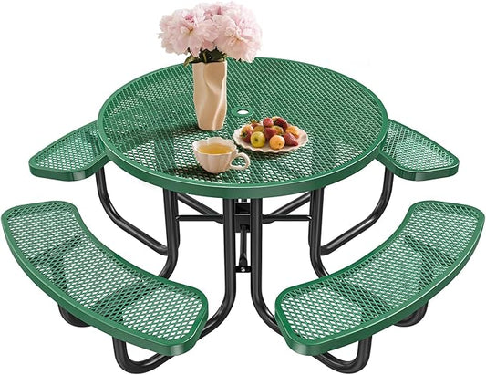 46" Round Top Outdoor Picnic Table Set for Up to 8 Persons, Outside Table Set with 4 Built-in Benches, Metal Commercial-Grade Dining Furniture with Umbrella Hole for Garden, Backyard, Porch, Green