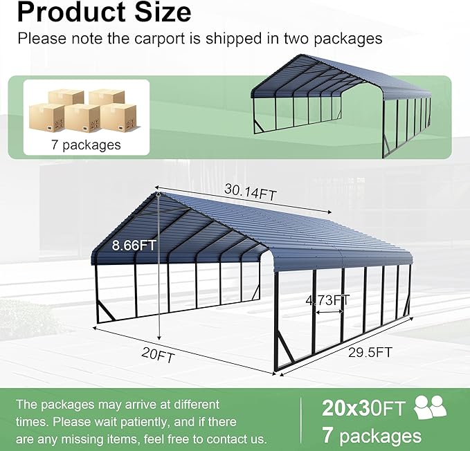 20x30 FT Carport Canopy Heavy Duty RV Metal Carports Kits for Garage,Aluminum Car Ports with Steel Shelter Frame Cover for 3 Car or Boats