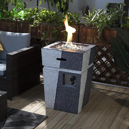Outdoor Propane Fire Pit Table for Outside Patio, 20 Inch Concrete Fire Pit Table, Column Gas Fire Pit for Garden, Pool, Backyard, 40,000 BTU, Hideaway Tank Holder, Light Gray-Blue