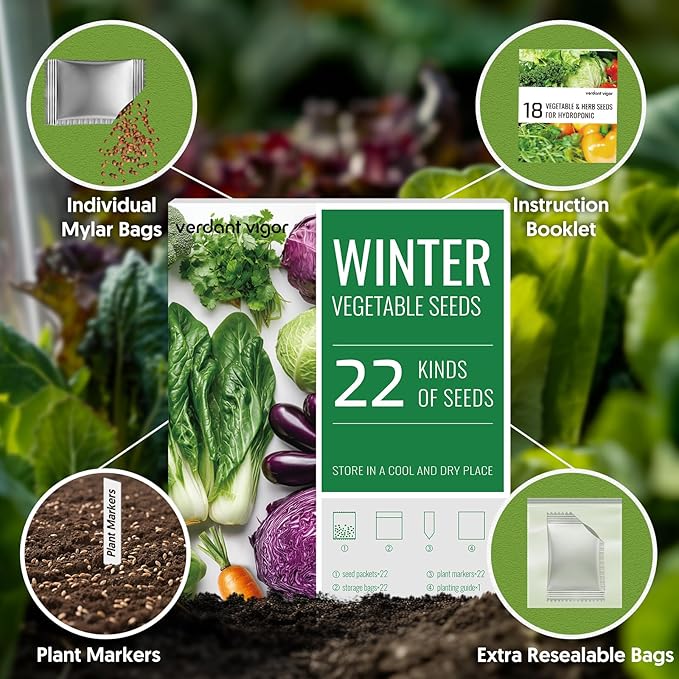 22 Winter Seeds Variety Pack for Planting, Over 10,000 Vegetable Seeds, USA Grown, Heirloom, Non-GMO, for Indoor Outdoor Gardening, Lettuce, Kale, Kohlrabi, Broccoli, Spinach, Carrot and More