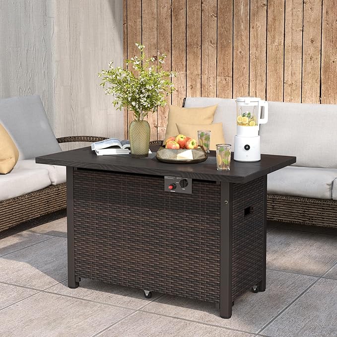 Tangkula Outdoor Propane Fire Pit Table, 42 Inch Rectangular Rattan Fire Table with Wind Guard & Glass Rocks, 50,000 BTU Smokeless Gas Fire Pit for Outside Patio (Brown)