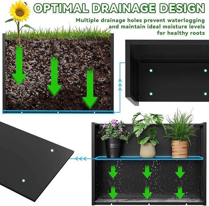Tall Metal Planter Box, 30" L x 10" W x 24" H Large Outdoor Planters with Drainage & Adjustable Shelf, Heavy Duty Steel Rectangular Planter for Patio, Balcony, Indoor(Black)