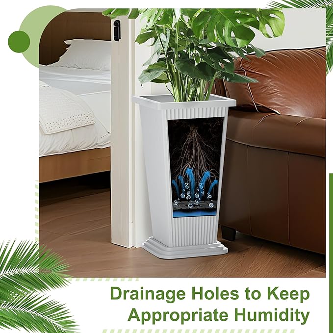 24" Tall Planters for Outdoor Plants, Set of 2 Large Outdoor Planters for Front Porch Decor with Drainage Hole, Front Porch Decor (Stripes-White)
