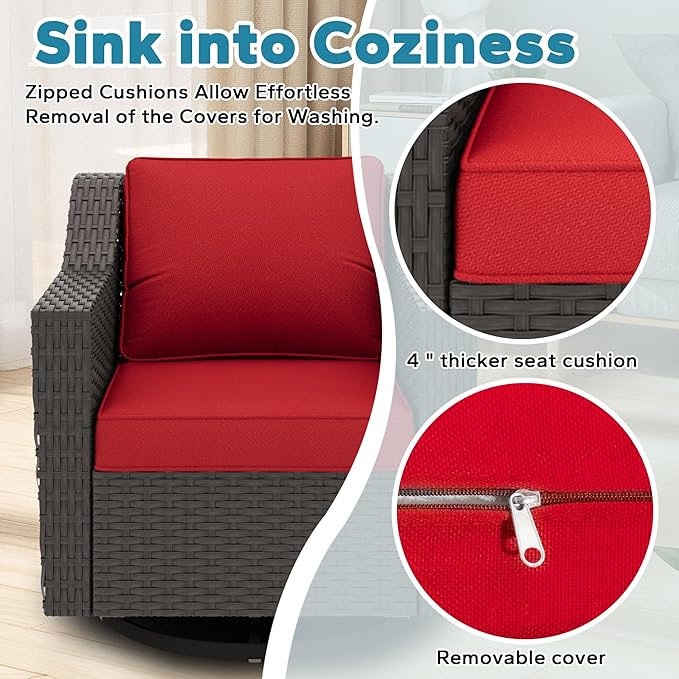 3 Pieces Patio Conversation Furniture Set - 2 Swivel Chairs, 1 Side Table, Outdoor Wicker Rocking Glider Armchairs with Washable and Water-Resistant Cushions for Porch, Balcony (Red)
