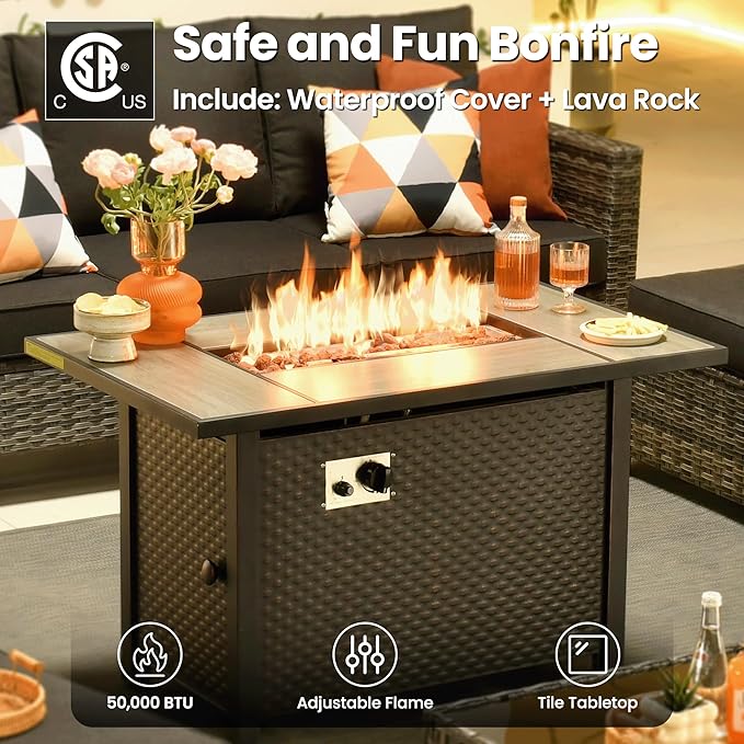 ovios 7 Pieces Patio Furniture Set, Outdoor Wicker Sofa Couch with Rocking Swivel Chairs Fire Pit Table, Modern Deep Seat Rattan Conversation Sets for Porch Deck, Black