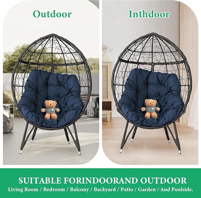 Outdoor Egg Chair, Part of Patio Conversation Set, All-Weather Wicker Lounge Chair with Thick Cushions, Single Seat for Balcony, Garden, Porch, Blue
