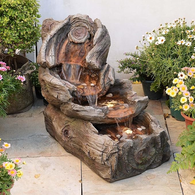 31.5" L Garden Water Fountain Indoor/Outdoor, Artifical Imitation Wood Outdoor Water Fountain Natural Waterfall with LED Lights for Patio,Porch,Backyard,Home Art Decor Big Clearance