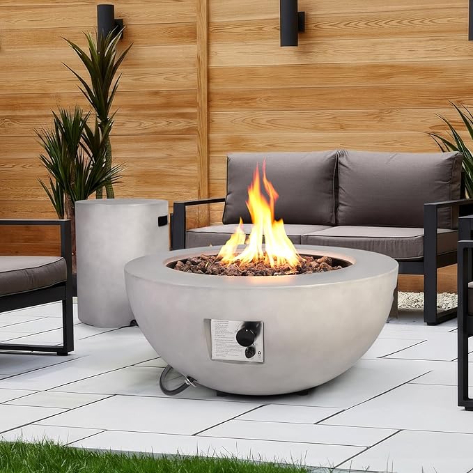 31.5 Inch Outdoor Propane Fire Pit Table w Tank Cover, 2 Pieces Concrete Gas Fire Pit 50,000 BTU Round Burner CSA Certification Fire Bowl with Tank Cover for Outside Patio, Backyard, Deck