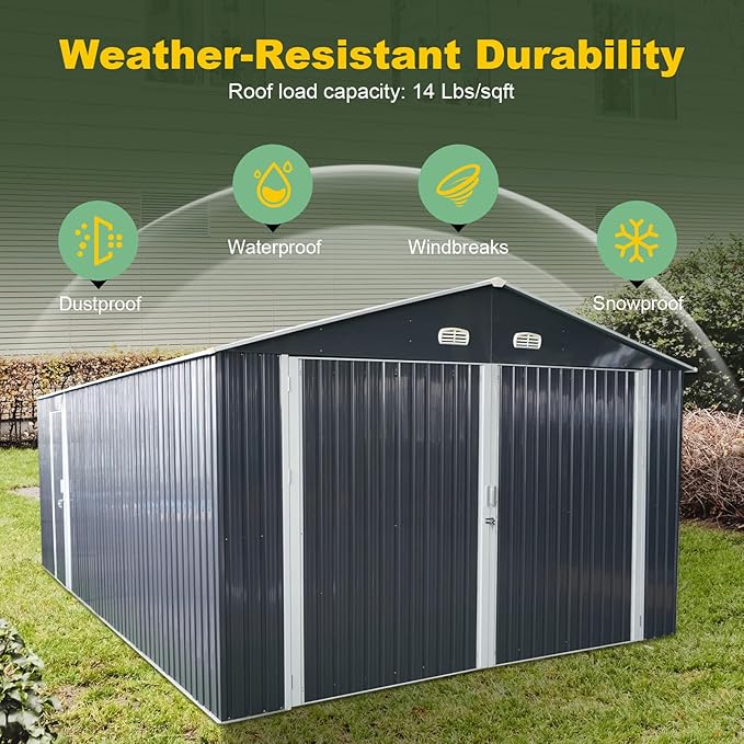 Metal Garage Shed 13x20 FT, Sheds & Outdoor Storage Clearance, Outdoor Storage Shed for Car, Truck, Bike, Lawnmower, Backyard Tool House Building 2 Doors and 4 Vents Dark Gray