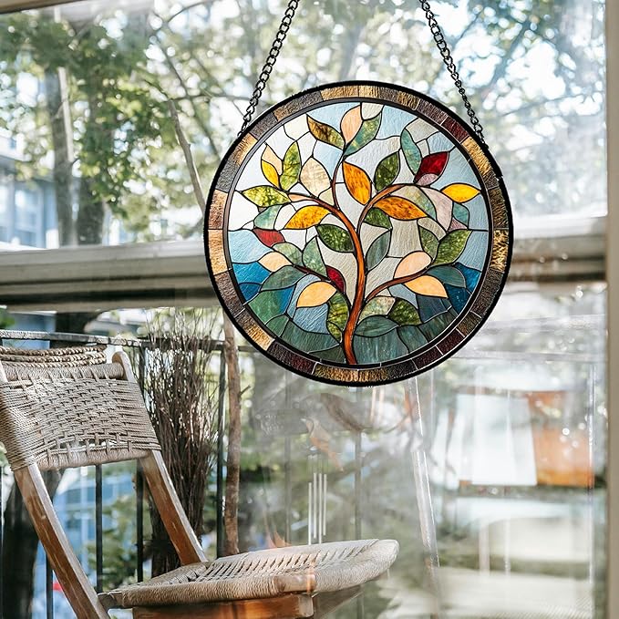 QZQCBLC Stained Glass Window Hanging Colorful Tree of Life Large 11.8" - Plant Leaves Suncatcher Door Garden Sun Catcher Home Decor Birthday Christmas for Mom Men Woman Nana Friend