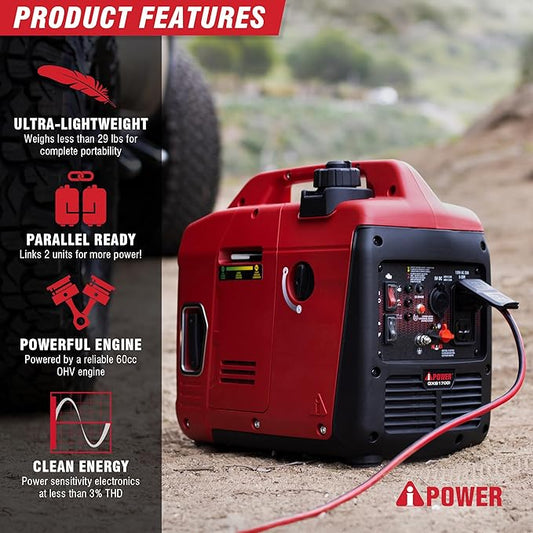 A-iPower 1700 Watt Portable Quiet Inverter Generator Gas Powered, Small Ultra Lightweight Quiet Generator for Camping, Tailgating, Home Backup, Emergency, EPA & CARB Compliant, CO Sensor (GXS1700i)