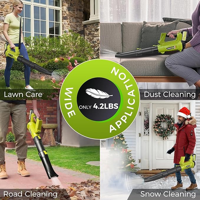Cordless Leaf Blower with Battery and Charger，540 CFM/170 MPH,Battery Powered with 2 x 6.0Ah Batteries,6-Speed & Turbo Mode,Lightweight for Lawn Care,Patio,Leaves,Dust,and Snow Removal,Green