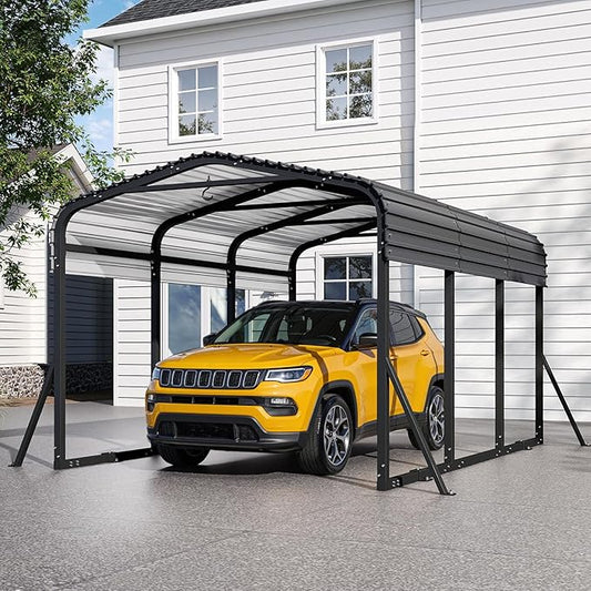 Heavy Duty Metal Carport Canopy, 10x15 FT Outdoor Car Port with Waterpoorf Metal Roof& Side Support Rods, Multi-Use Shelter Outdoor Garage for Car, Boats and Truck