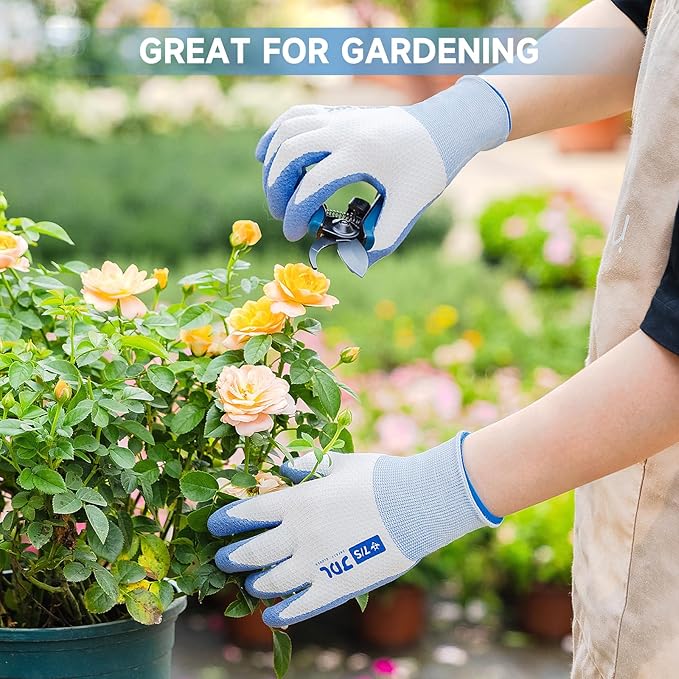 JDL Gardening Gloves for Women, 2 Pairs Breathable Latex Coated Yard Garden Gloves, Rubber Outdoor Protective Work Gloves with Grip, Blue, Small Size