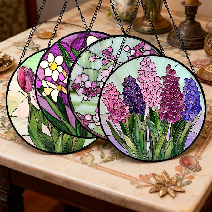 AMDERVEN Stained Glass Window Hanging 4 Pcs Set Tulips Plum Flower Daffodils Hyacinths Large 11.8" - Suncatcher Door Garden Sun Catcher Decor Birthday Mother's Day for Mom Woman Nana