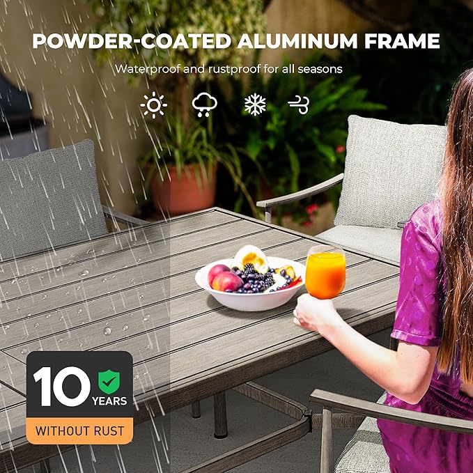 HAPPATIO 9-Piece Patio Table and Chairs Set for 8, Aluminum Outdoor Dining Set with Cushions, 6 Dining Chairs and 2 Swivel Chairs, 1 Large Rectangular Table with Umbrella Hole,Grey