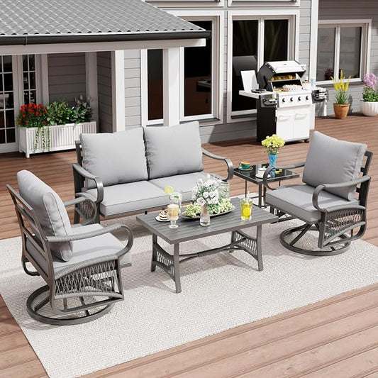 5 Piece Patio Furniture Set, Outdoor All Weather Conversation Sofa Set with 2 Swivel Chairs, Rope Braided Design and Thick Cushions for Garden, Porch, Lawn, Grey