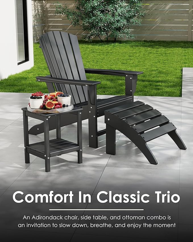 GREENVINES Adirondack Chair | HDPE Plastic | Oversized Fire Pit Chairs | All Weather | Black | Poly Lumber | for Outdoor Deck Backyard Patio Garden