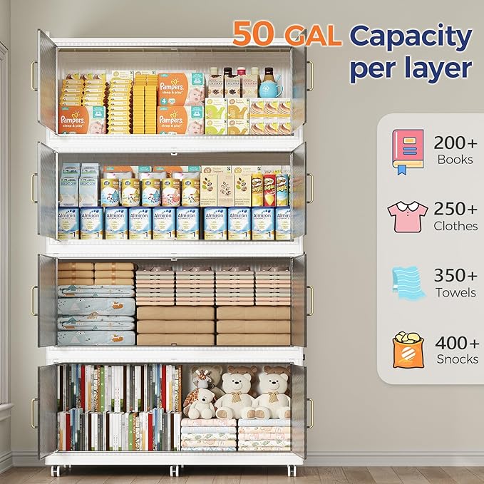 800QT Extra Large Storage Bins with Lid and Wheels, 200Gal Stackable Closet Organizers and Storage Cabinet, Collapsible Storage Box Drawer with Doors for Home Kitchen Office Dorm, 4Pack White