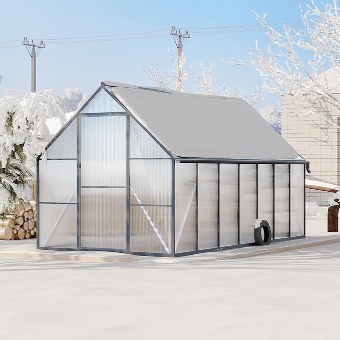 Polycarbonate Greenhouse for Outdoors, Large Walk-InGreenhouse with Quick Setup Structure and Roof Vent, Greenhouse with Ventilation and Rain Gutter
