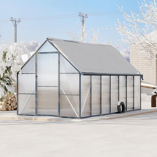 Polycarbonate Greenhouse for Outdoors, Large Walk-InGreenhouse with Quick Setup Structure and Roof Vent, Greenhouse with Ventilation and Rain Gutter