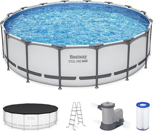 Bestway Steel Pro MAX 16 Foot x 48 Inch Round Metal Frame Above Ground Outdoor Swimming Pool Set with 1,000 Filter Pump, Ladder, and Cover