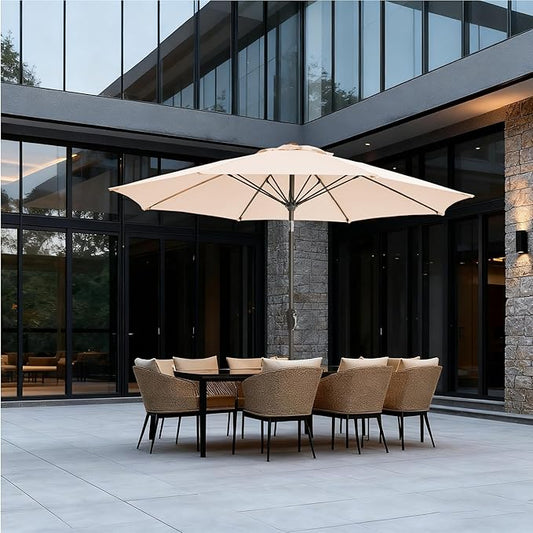 9FT Large Outdoor Patio Umbrella Market Table Umbrella-UV Resistant, Easy Push Button Tilt and Crank, 8 Sturdy Ribs Heavy-Duty Pool Umbrella for Deck, Backyard,Garden,Beige