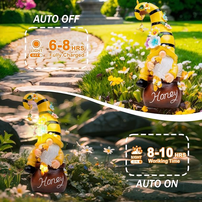 twinbling Birthday Gifts from Daughter Son - 13" Garden Solar Spring Gnomes Statues Outdoor Spring Decor with LED Lighted Bee and Flowers Funny Garden Sculpture for Patio Yard Lawn Decorations Gifts