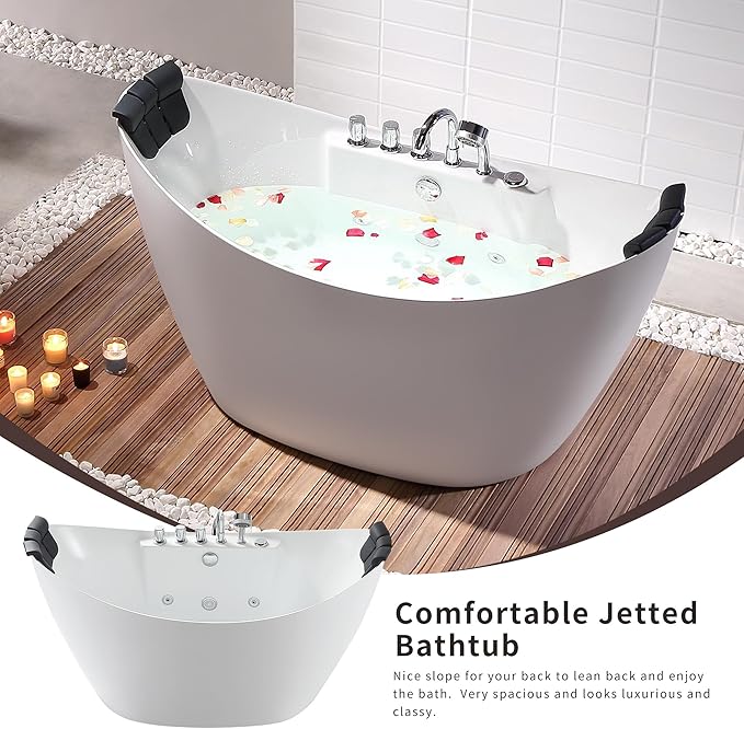 Empava 59 inch Acrylic Freestanding Tub Hydromassage Gracefully Oval Shaped Whirlpool 8 Water Jets Soaking SPA, Double-Ended Massage Bathtub with 2 Black Pillows, White