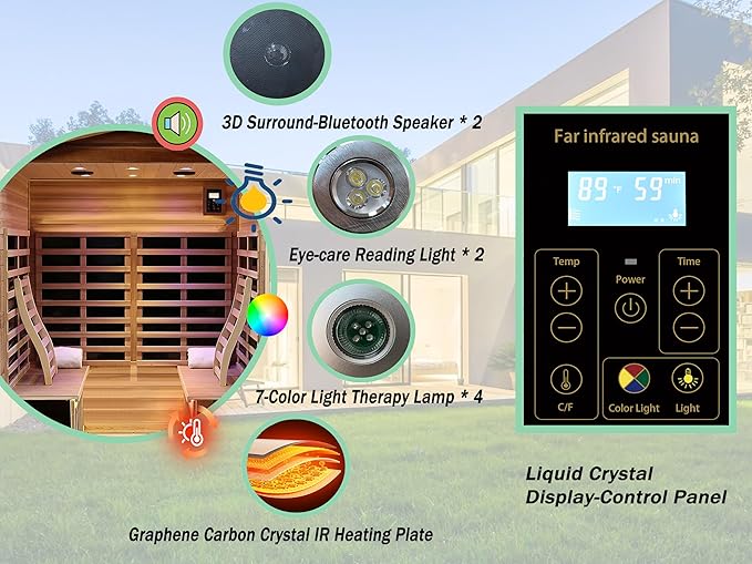LTCCDSS Mahogany Outdoor Sauna 4 Person, Low EMF Far Infrared Sauna for Home, Withstand Outdoor Temp -10℉-149℉| 12 Low EMF Boards-Chromotherapy-Bluetooth Speakers (68.1 * 52.4 * 82.7 inch)