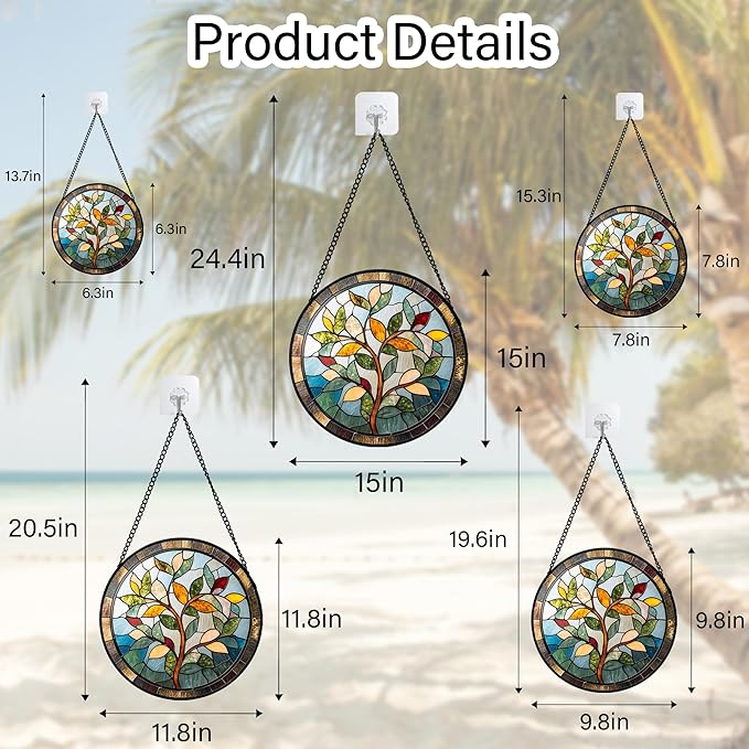 QZQCBLC Stained Glass Window Hanging Colorful Tree of Life Large 11.8" - Plant Leaves Suncatcher Door Garden Sun Catcher Home Decor Birthday Christmas for Mom Men Woman Nana Friend