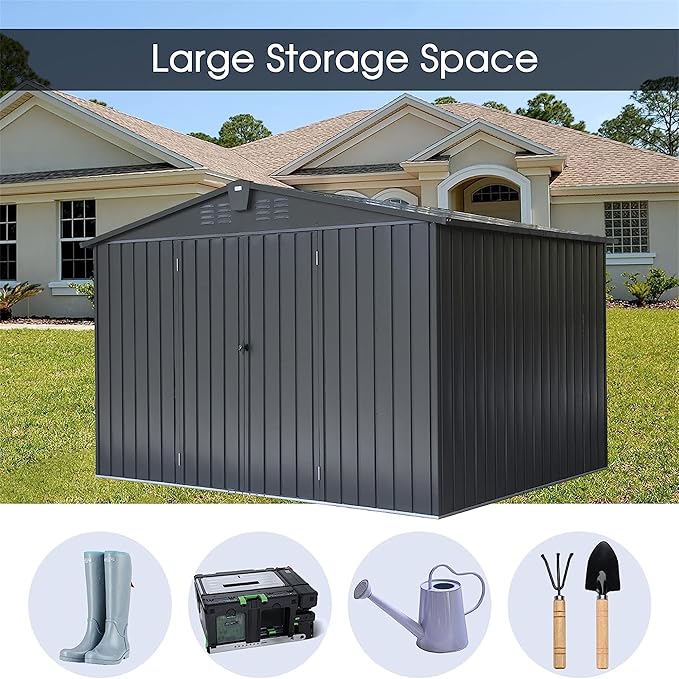 10x8ft Outdoor Storage Shed, Galvanized Steel Garden Shed with Sloping Roof, Lockable Double Doors and 32 Vents, Large Capacity Utility Tool Storage for Backyard Patio
