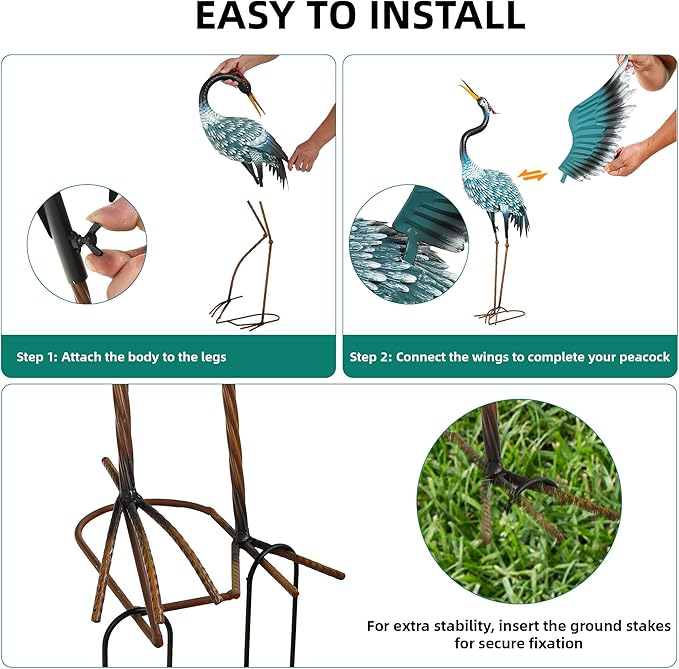 Ultym 36.8" Metal Crane Garden Statue, Handcrafted Extra-Large Blue Heron Decor Sculptures with Stable U-Ground Stakes, Backyard Decoration, Metal Garden Bird Animal Yard Art, Lawn Ornament Decor