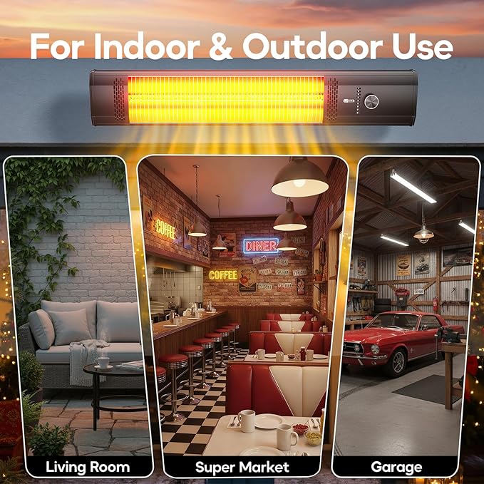 Wall Mounted Outdoor Patio Heater,Space Heater for Garage Backyard Room Indoor,1500W Fast Electric Infrared Heater with Remote Control,9H Timers,Waterproof,Child Lock,Large