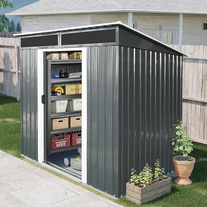 6X5 FT Outdoor Storage Shed, Waterproof Metal Garden Sheds with Lockable Door, Steel Tool Storage Buildings Shed & Outdoor Storage House for Garden, Backyard, Patio, Lawn, Trash Cans(Black and White)